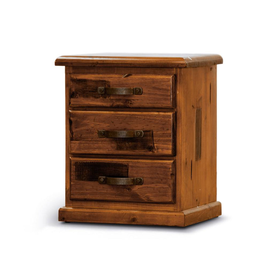 Wooden nightstand with three drawers on a white background
