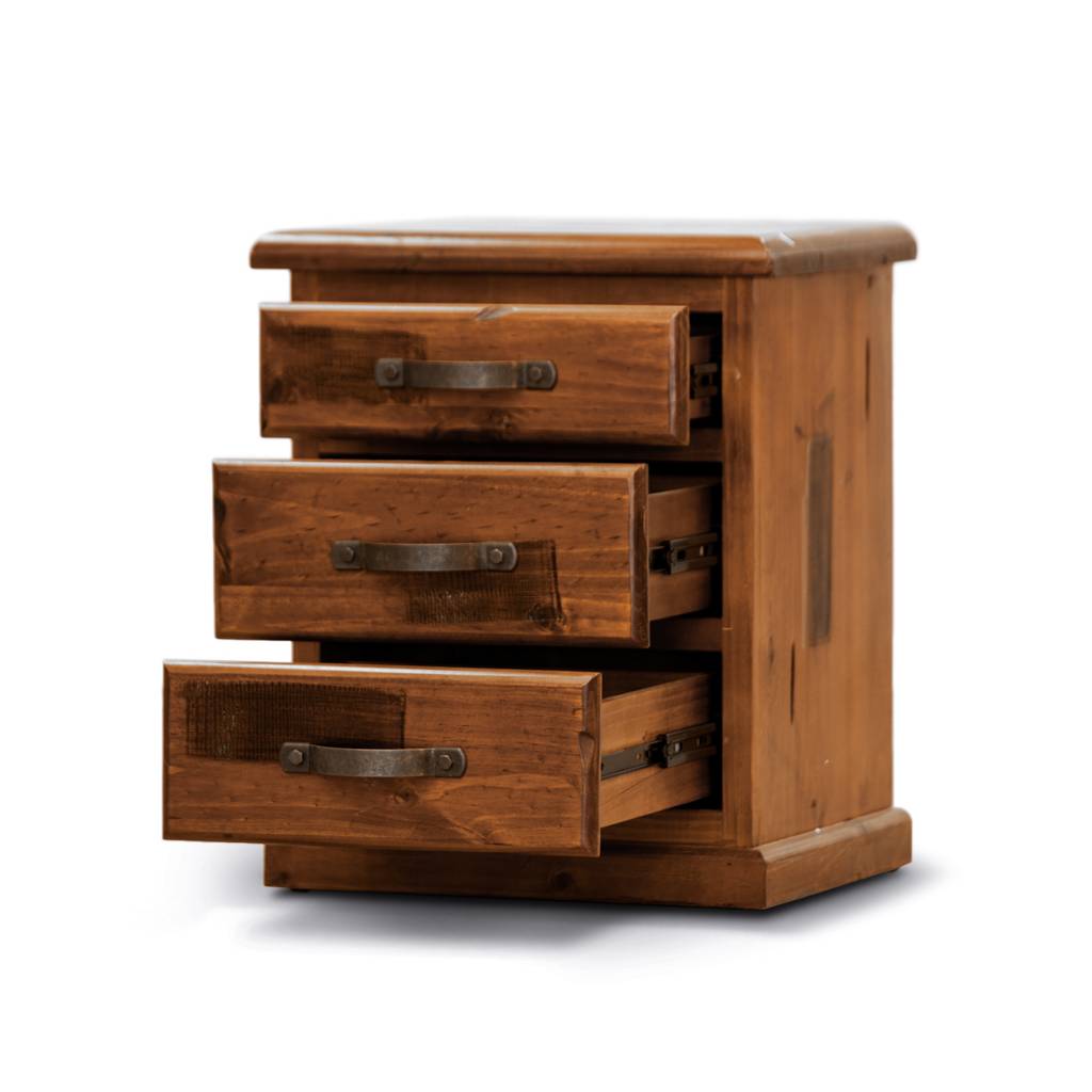 Wooden dresser with three drawers on a white background