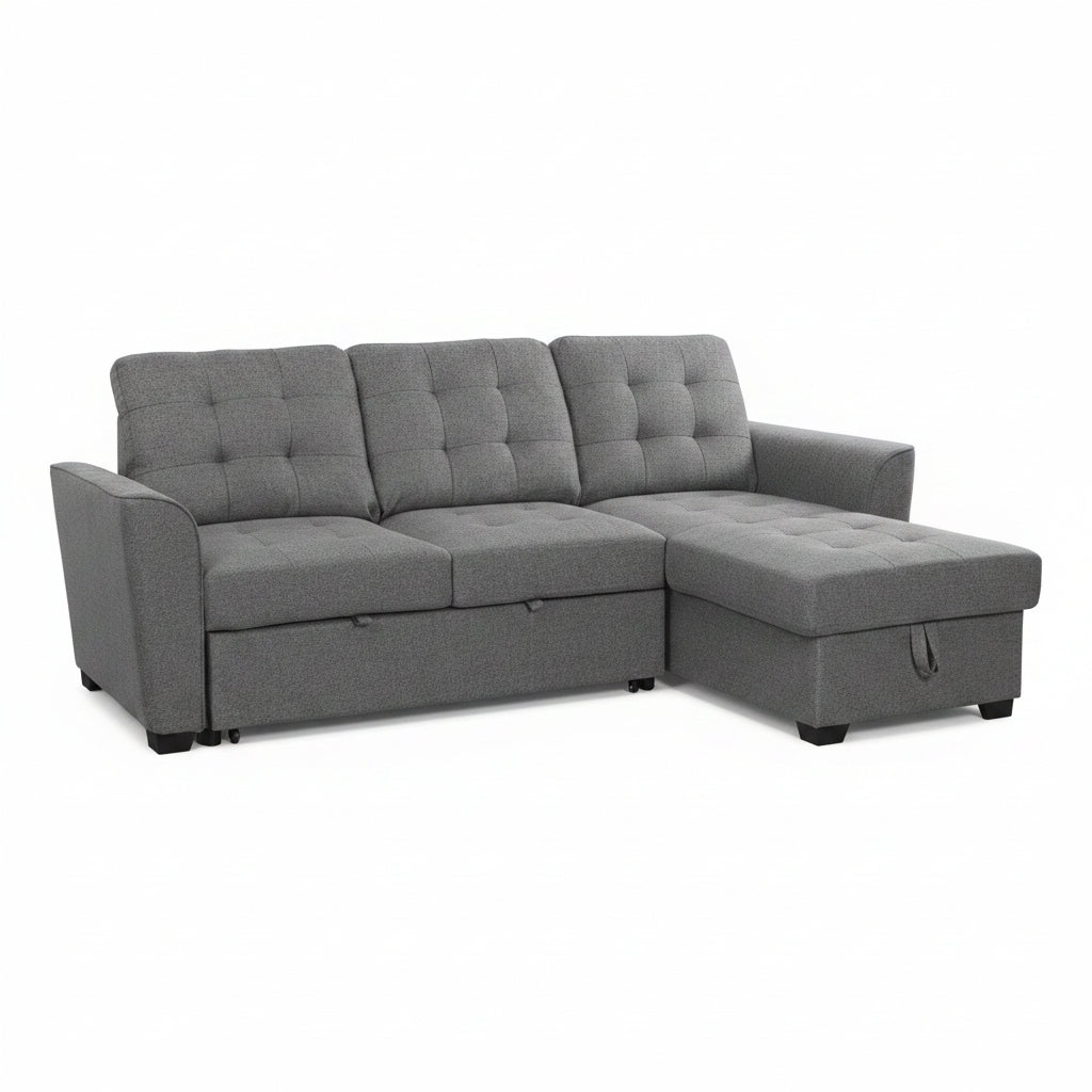 Gray sectional sofa with cushions in a living room setting