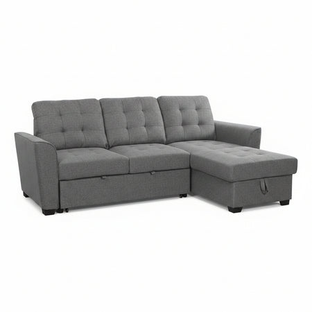 Gray sectional sofa with cushions in a living room setting
