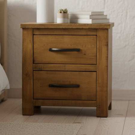 Wooden nightstand with two drawers on a white background