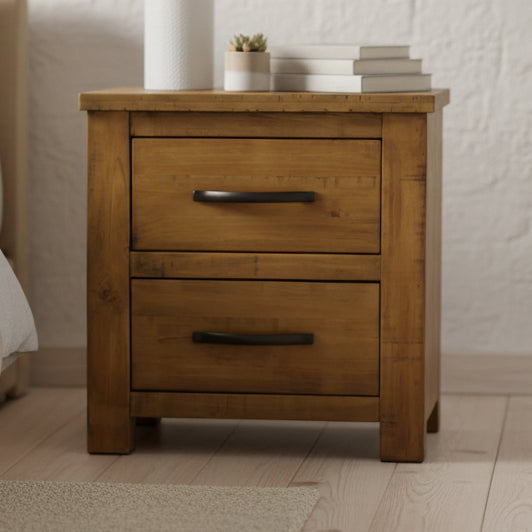 Wooden nightstand with two drawers on a white background