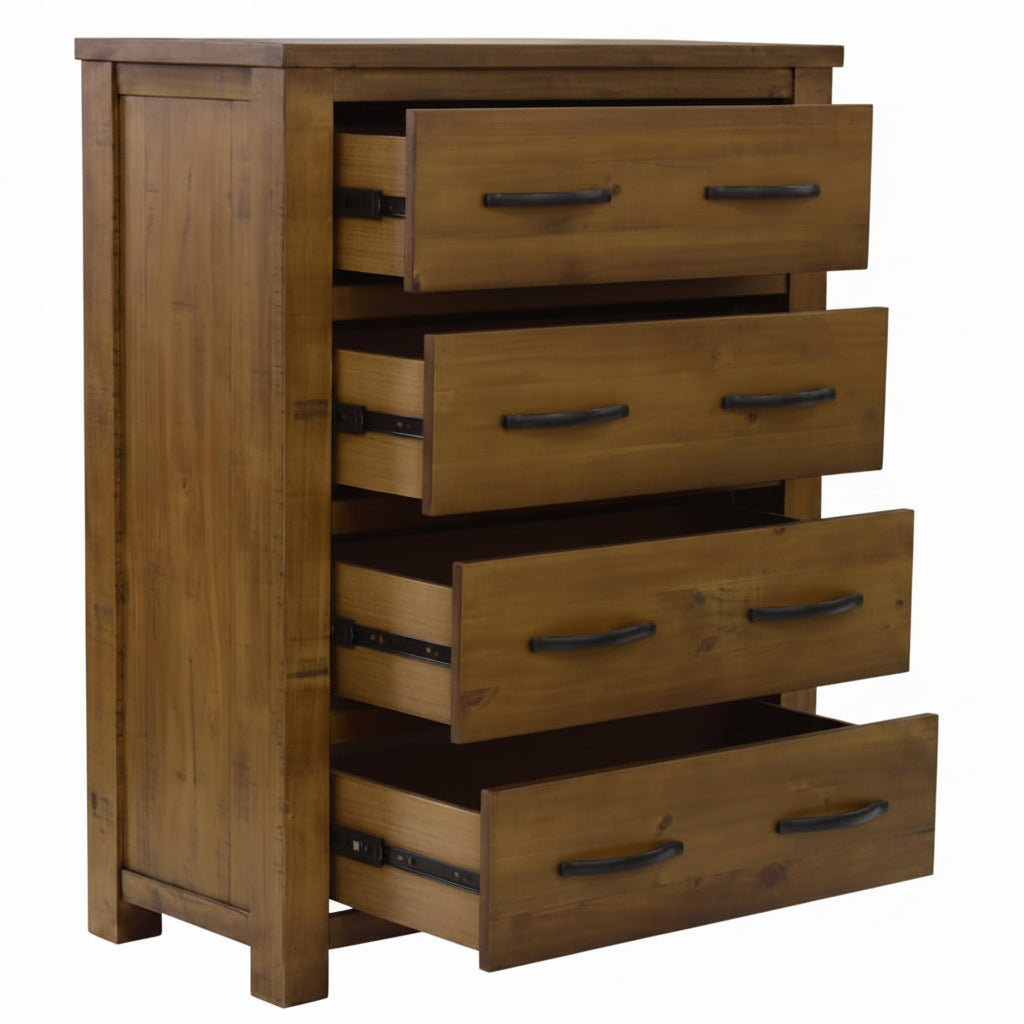 Wooden dresser with five drawers on a white background