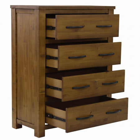 Wooden dresser with five drawers on a white background