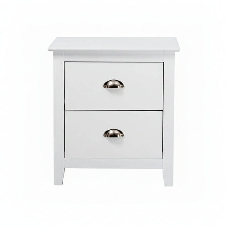 White nightstand with two drawers and rose gold handles on a white background