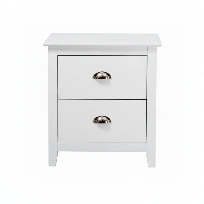 White nightstand with two drawers and rose gold handles on a white background