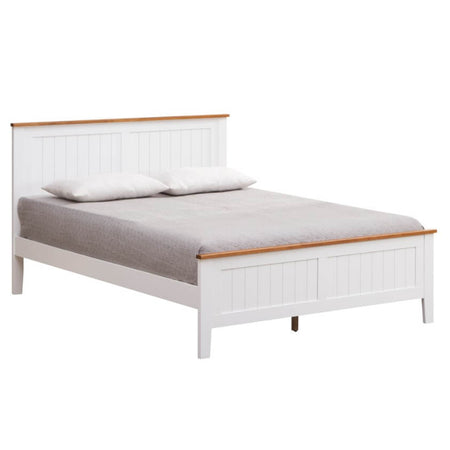 White bed frame with wooden accents on a white background