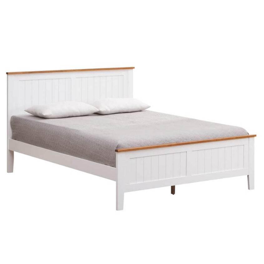 White bed frame with wooden accents on a white background
