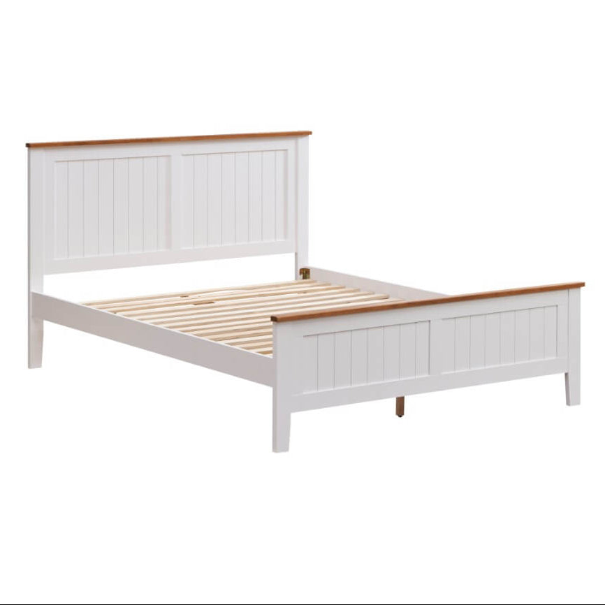 White wooden bed with brown slats on a white background