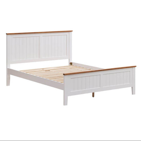 White wooden bed with brown slats on a white background