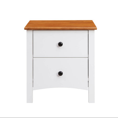 White nightstand with two drawers and a wooden top on a white background
