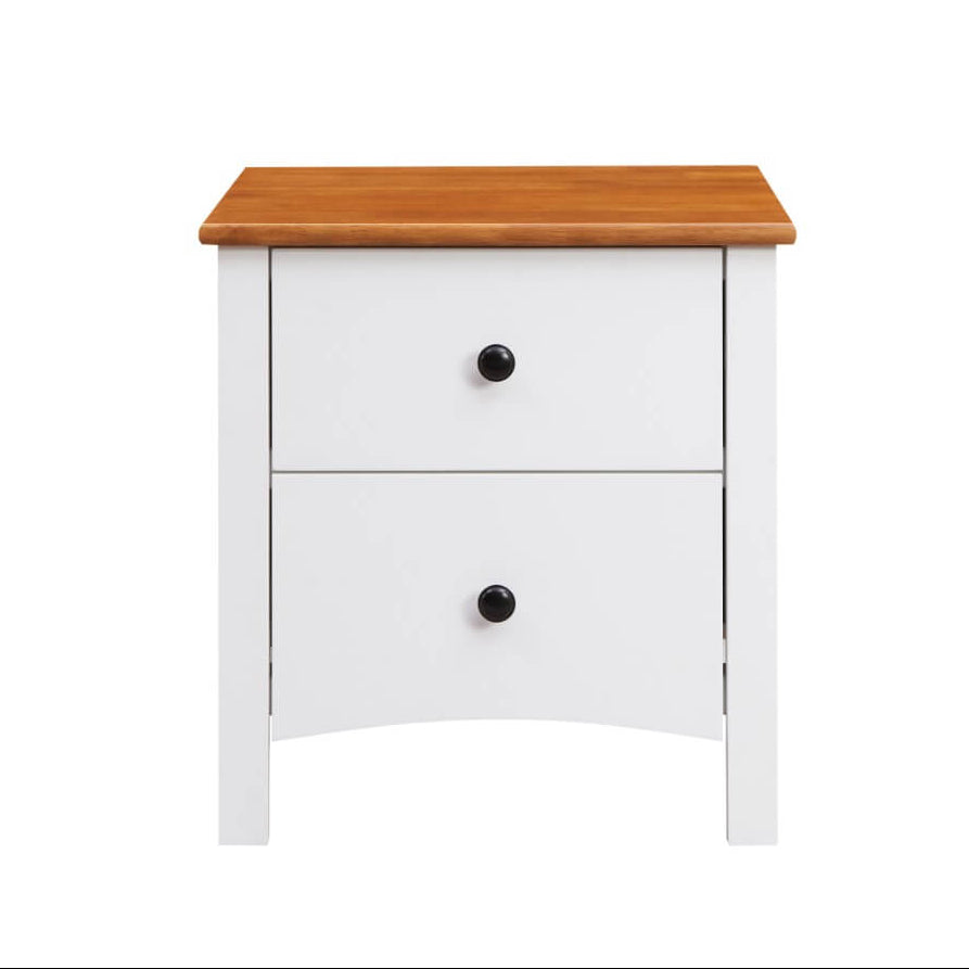 White nightstand with two drawers and a wooden top on a white background