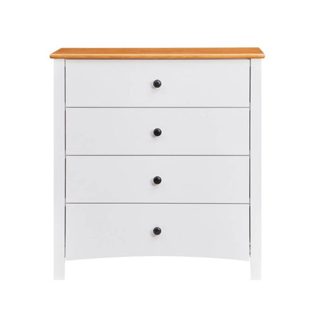 White dresser with three drawers and a wooden top on a white background