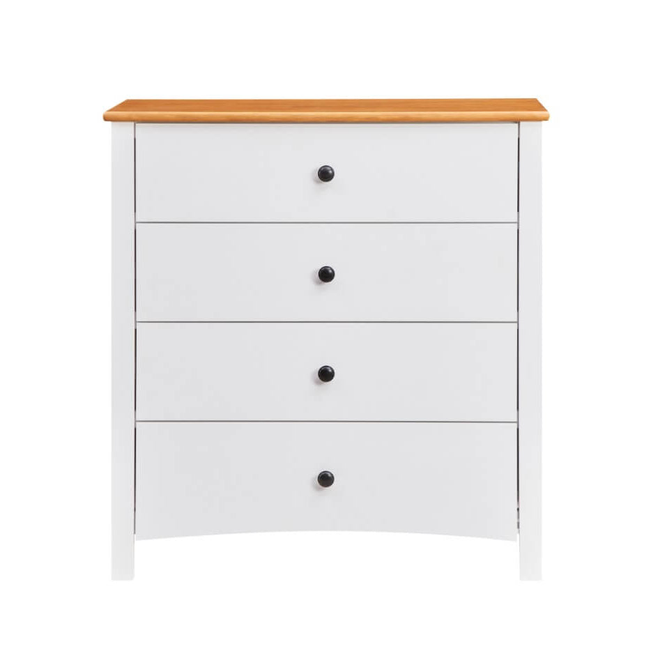 White dresser with three drawers and a wooden top on a white background