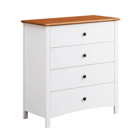 White dresser with three drawers and a wooden top on a white background