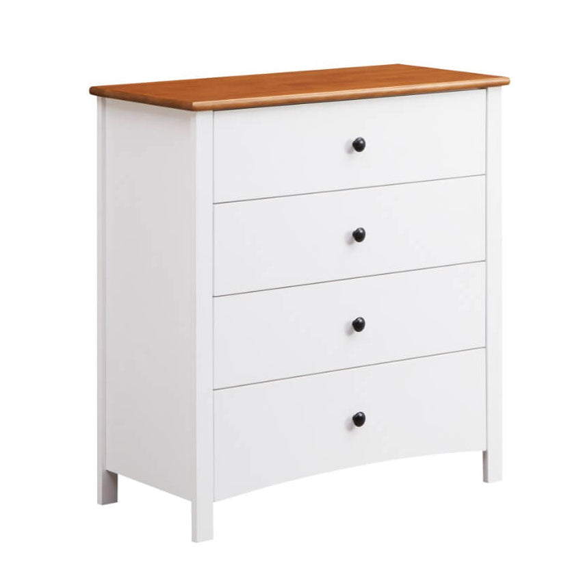 White dresser with three drawers and a wooden top on a white background