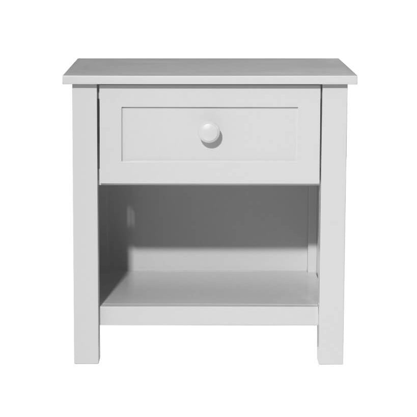 White nightstand with a single drawer on a white background