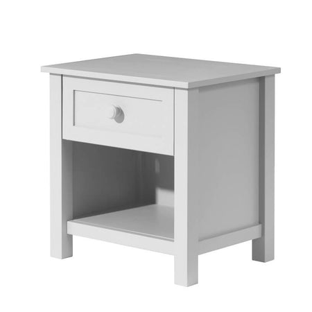 White nightstand with a single drawer on a white background