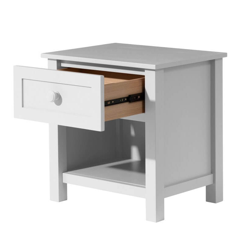 Gray nightstand with a drawer open on a white background