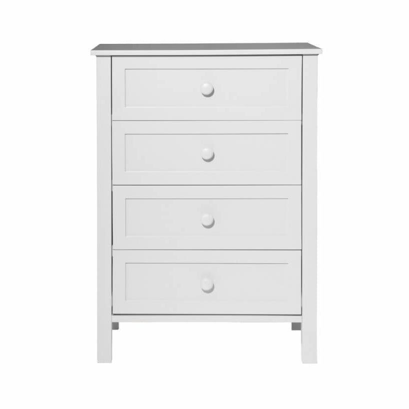 White dresser with three drawers on a white background