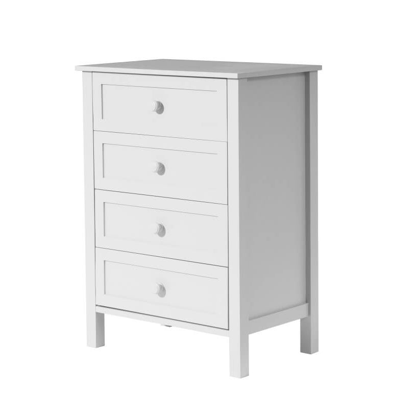 White dresser with four drawers on a white background