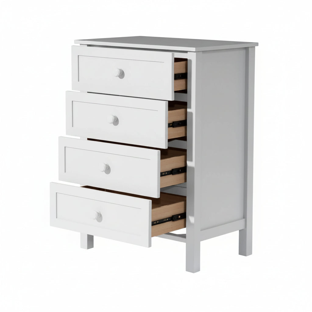 White dresser with open drawers on a white background