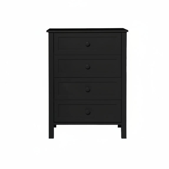 Black dresser with four drawers on a white background