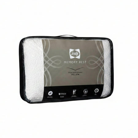Sealy memory rest pillow with packaging on a white background